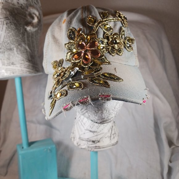 Natalie Mills Flora Rhinestone Baseball Cap Women's Hat Gray Distressed Denim - Picture 2 of 12